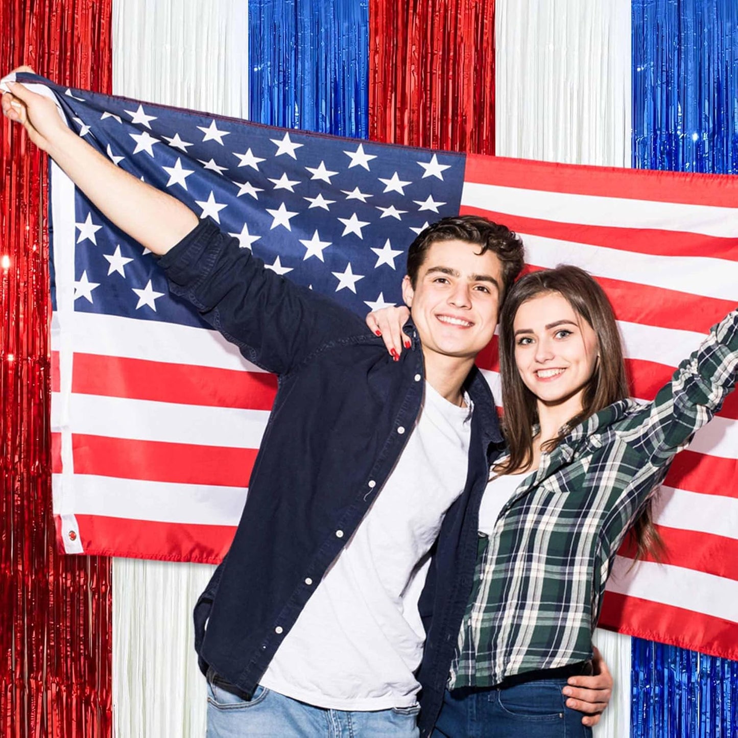 6 Pack White Blue Red Foil Fringe Curtains Backdrop, 3.28 x 8.2 Ft Metallic Streamers Tinsel Curtains Background for Photo Booth, Birthday, Weddings, Carnivals, Graduation, Themed Party Decorations