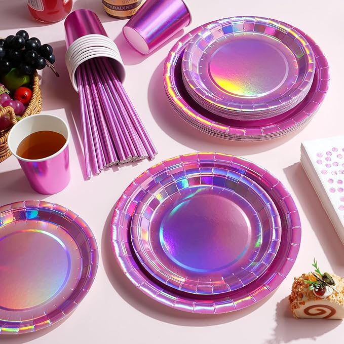 Iridescent Pink Party Supplies Decorations Serve 100, Hot Pink Holographic Paper Plates and Napkins, Disposable Pink Paper Plates Cups Knives Spoons Fork for Mermaid Disco Birthday Graduation Party