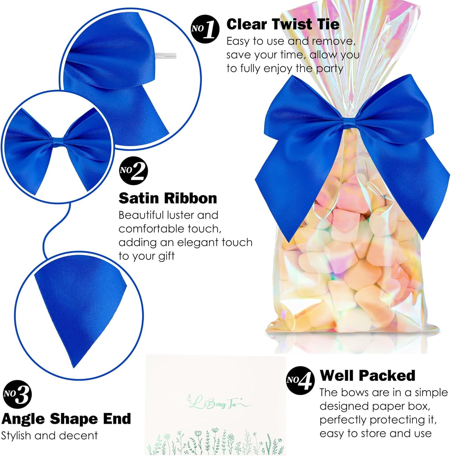 5'' Royal Blue Bow Party Decorations Satin Bows, Twist Tie Bows for Treat Bags, Cake Pops, Pre-tied Bow Premade Ribbon Bows for Crafts, Holiday Bows for Gift Wrapping, Wedding Decor-24 Counts