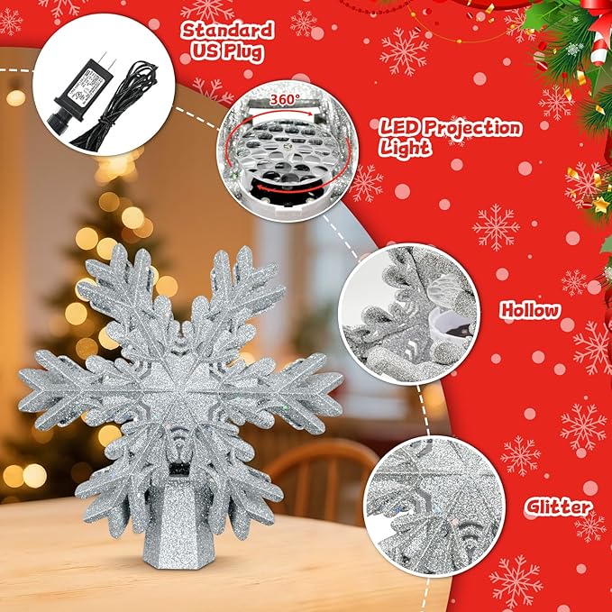 Christmas Tree Topper Lighted with Snowflake Projector, LED Rotating Snowflake, 3D Glitter Lighted Tree Topper for Christmas Tree, Hollow Design, Christmas Tree Decor for Home Office Indoor, Silver