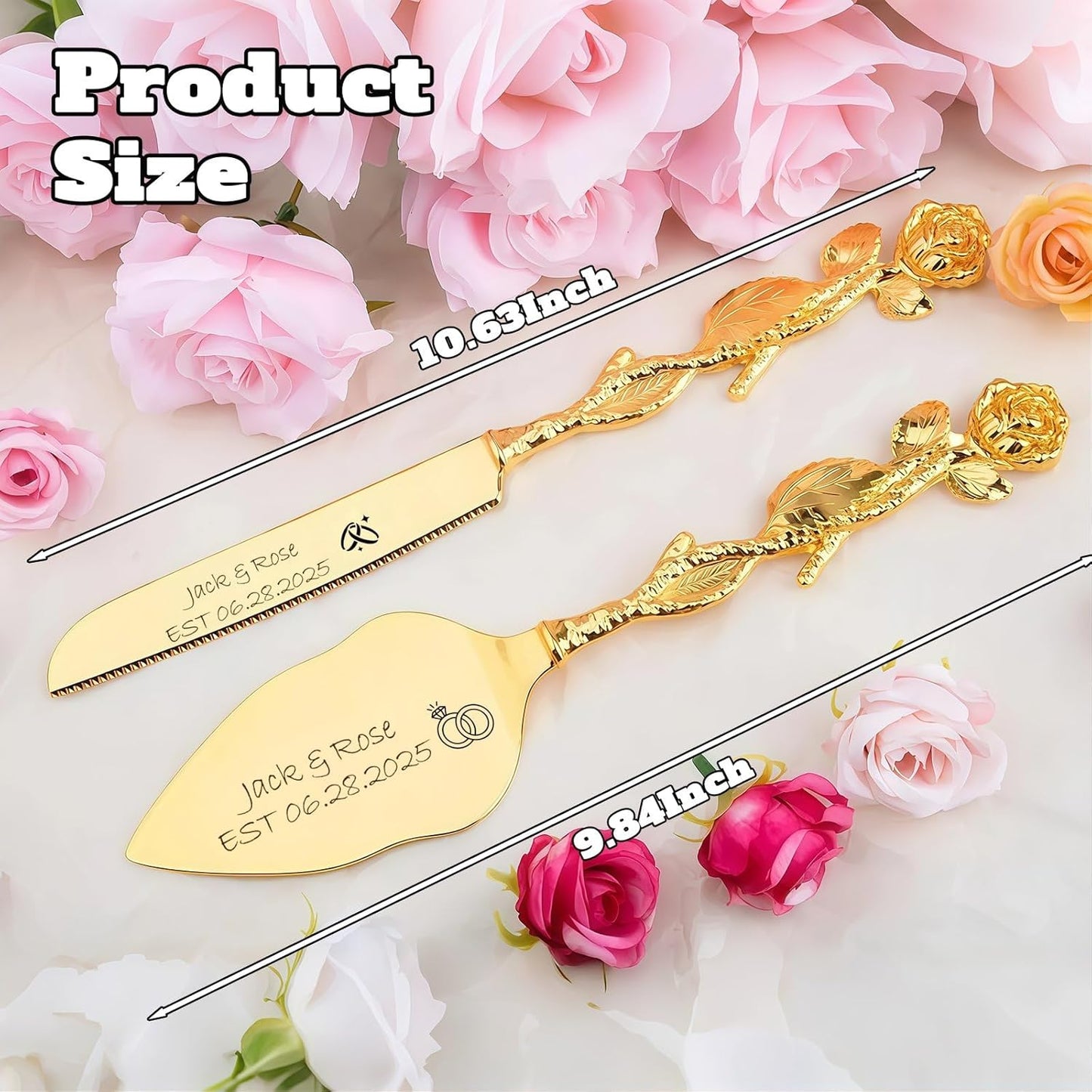Personalized Wedding Cake Knife and Server Set, Custom Name/Date Cake Cutting Set for Wedding, Customized Cake Cutter for Bridal Anniversary Birthday Couple Gifts (Rose-Gold)