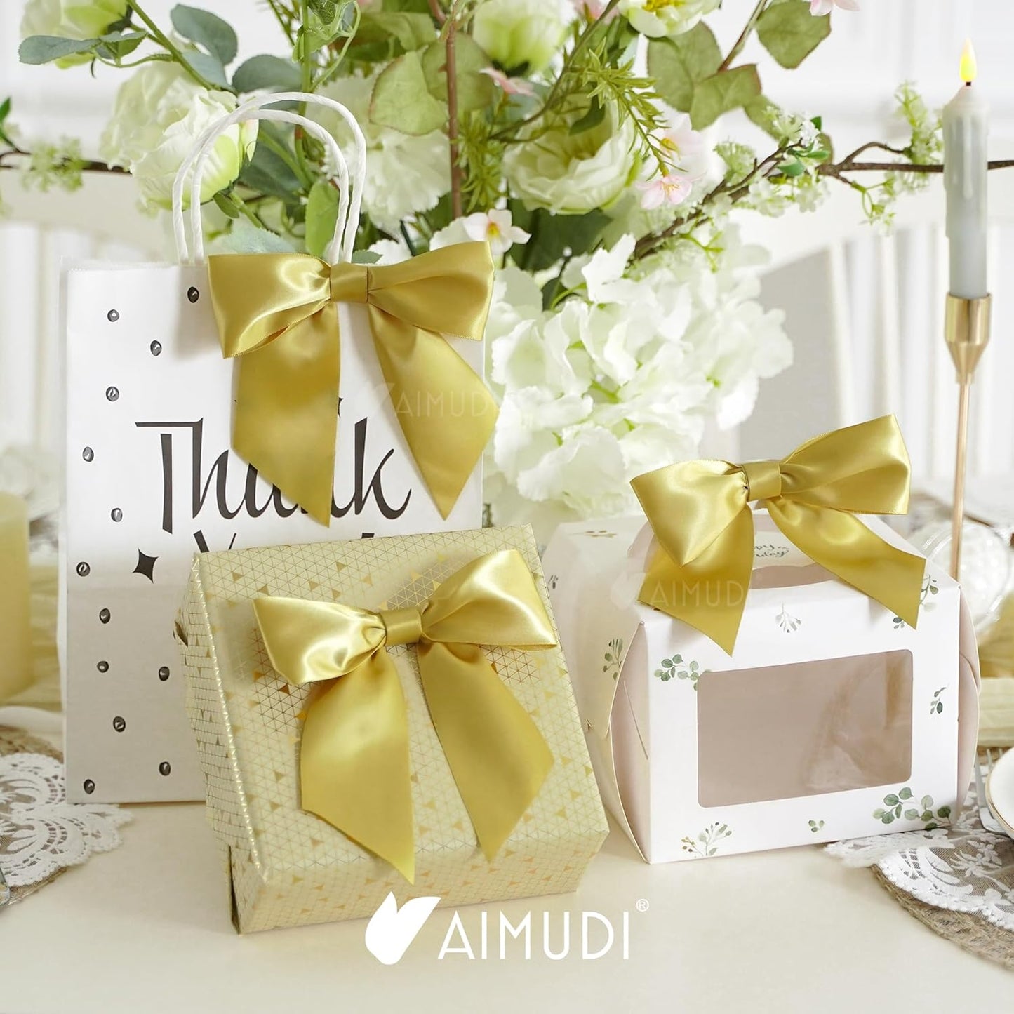 AIMUDI Gold Satin Bows 5.5" Bows for Gift Wrapping Satin Twist Tie Bows Premade Ribbon Bows for Treat Bags Invitations Baskets Wreaths Crafts Wedding Birthday Party Decorations, 24 PCs