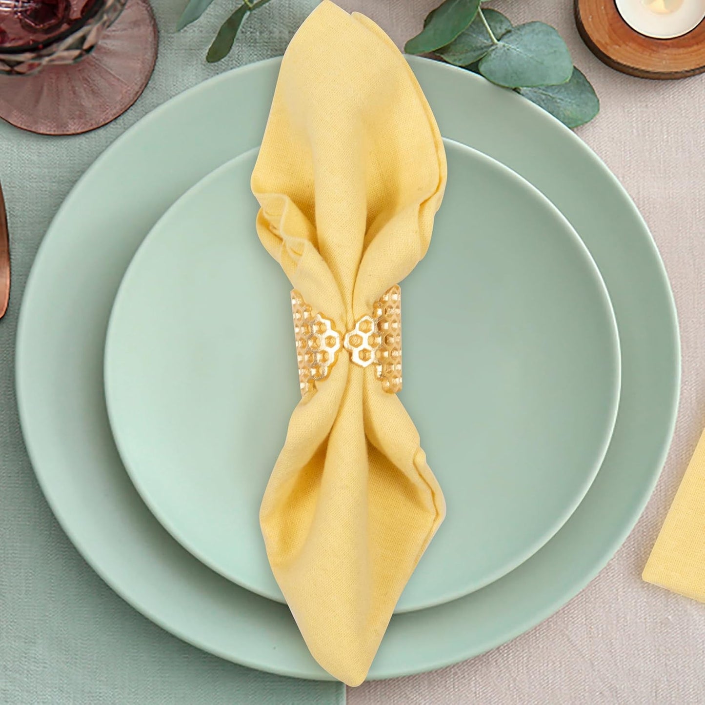Gold Honeycomb Napkin Rings Set of 10 - Elegant Lightweight Metal Serviette Holders for Dining Table, Wedding, Party & Home Décor - CLEENTABLE