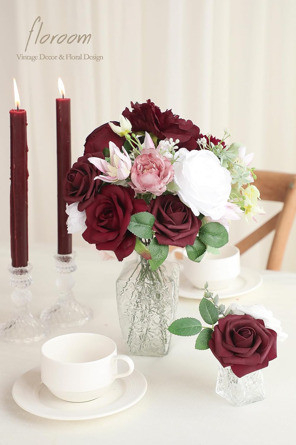 Floroom Burgundy Artificial Flowers Marsala Fake Roses Peonies Dahlia Greenery Combo Box Set for DIY Dark Red Wedding Bouquets Bridal Shower Centerpieces Floral Arrangements Party Tables Decoration