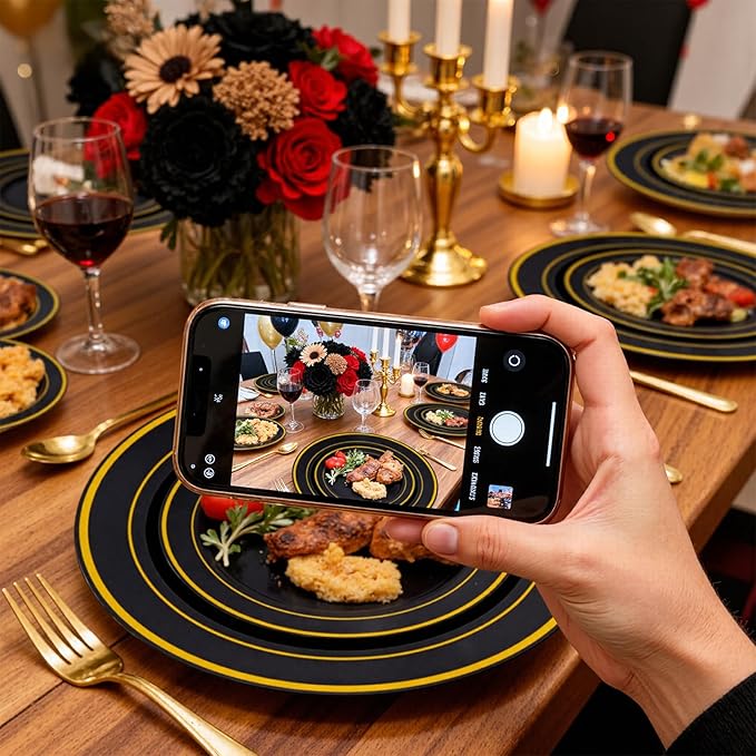 WELLIFE 210PCS Black and Gold Plastic Plates - Plastic Dinnerware Set for 30 Guests,Include 30 Dinner Plates, 30 Dessert Plates, 30 Black Cups 9 OZ, 30 Pre Rolled Napkins with Gold Silverware