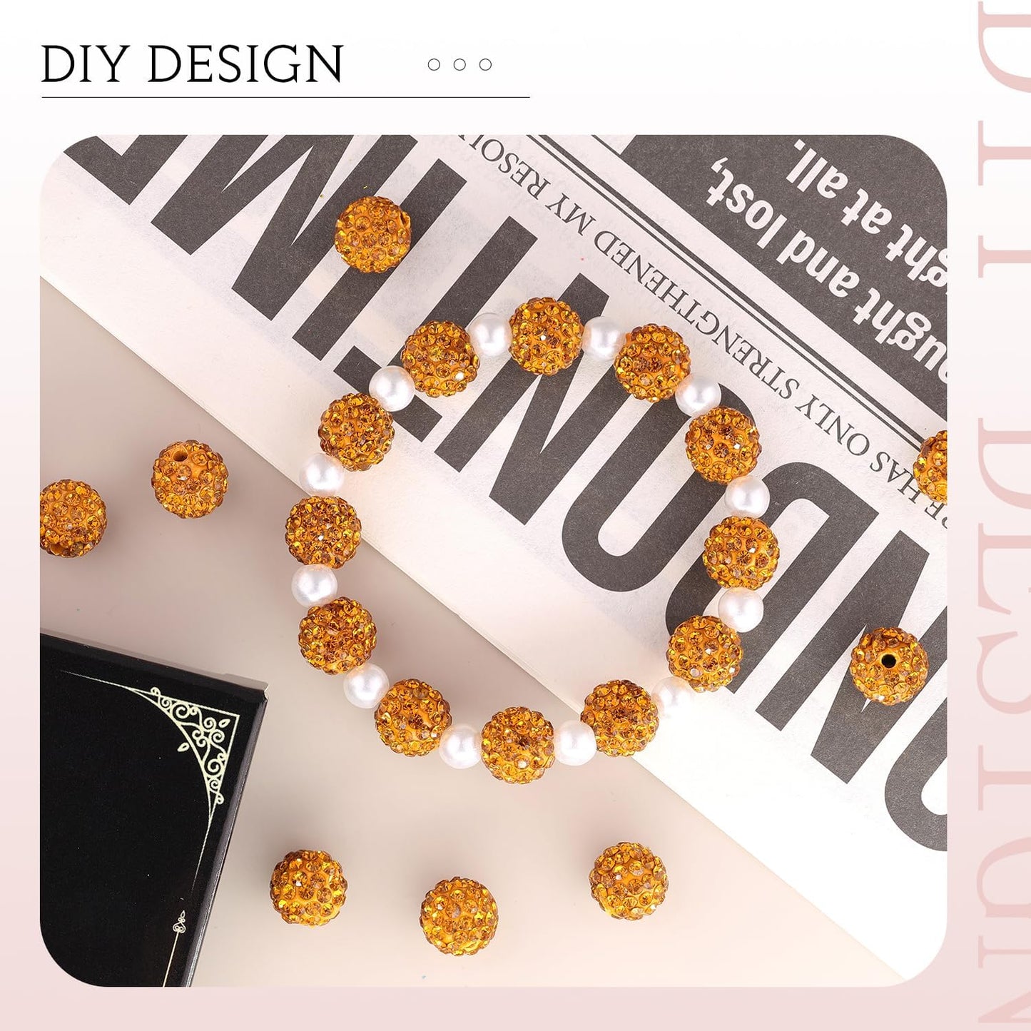 200pcs 10mm Golden Rhinestone Beads for Jewelry Making, Shiny Round Shamballa Disco Ball Beads Bulk, Sparkle Crystal Clay Christmas for Bracelet Baseball Necklace Earring Crafting and DIY