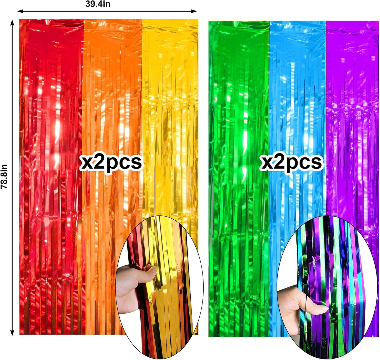 4 Packs Rainbow Foil Fringe Curtain, Assorted Color Metallic Tinsel Backdrop for Birthday, Baby Shower, Wedding, Rainbow Party Decorations Supplies