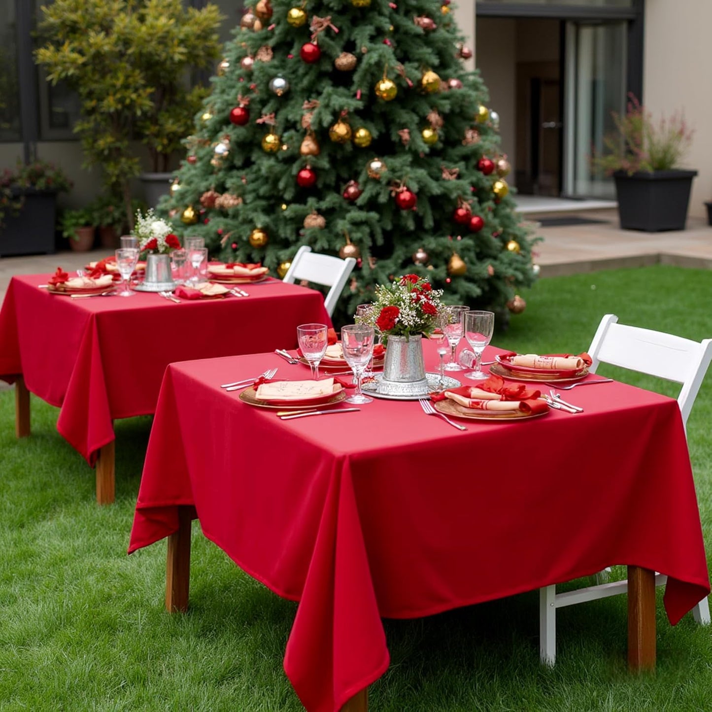 sancua Christmas Red Square Tablecloths 85x85 Inch, 2 Pack - Fabric Table Cloth for Square or Round Tables, Washable Polyester Table Cover for Dinner, Holiday Party, Decorative Display Tables
