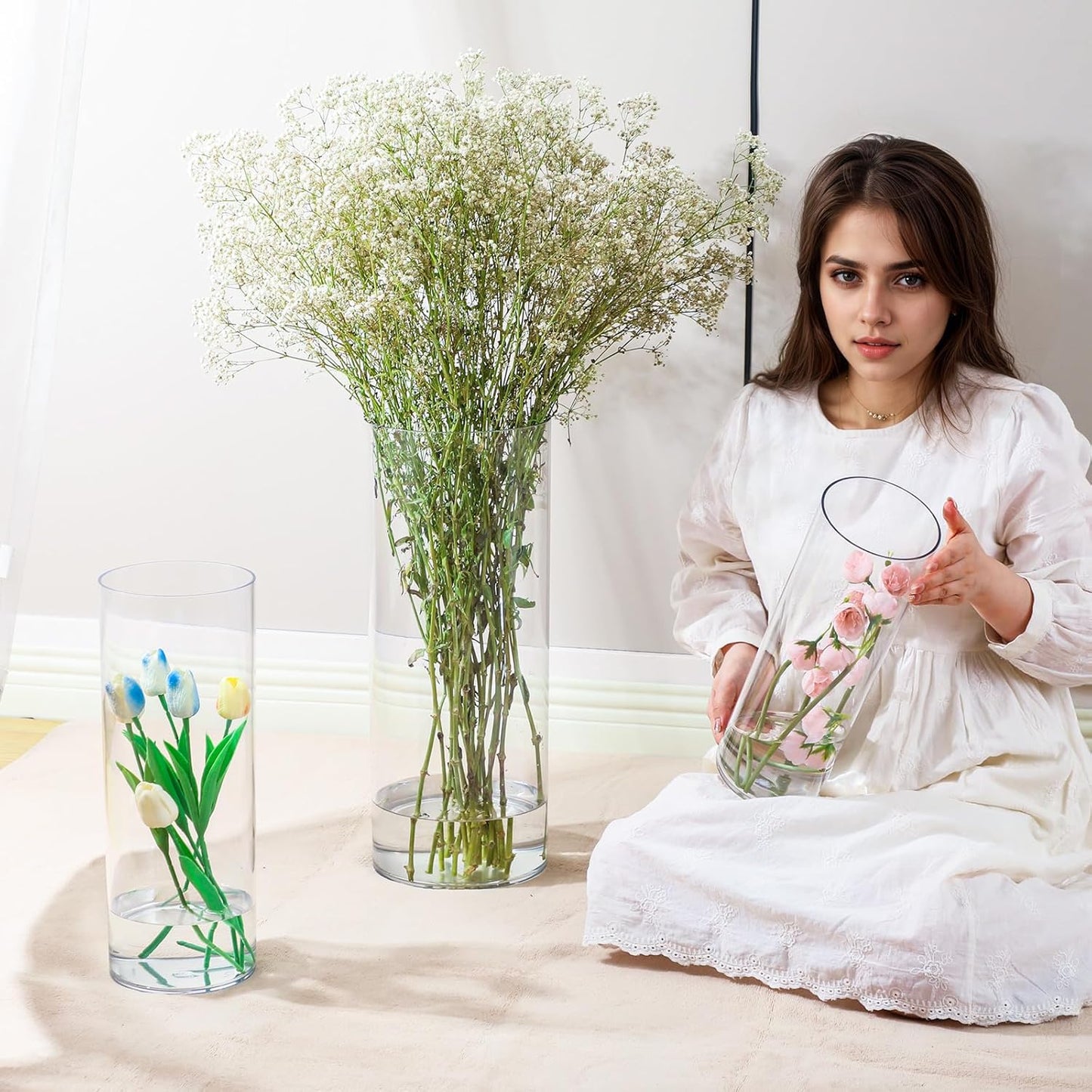 Extra Large Acrylic Cylinder Clear Vase for Floor, Tall Big Wide Mouth Plastic Unbreakable Hurricane Flower Vases of 3 for Home Decor (D 8" X H 15.8", D 6", D 4.8" + 2 Holder)