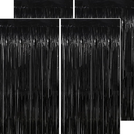 Black Streamers Party Decorations - Thicken 4 Pack 3.2 x 8.2 FT - Black Tinsel Foil Fringe Backdrop Curtains, Photo Booth Props for Birthday, Halloween, Retirement, Bachelor Party Decorations