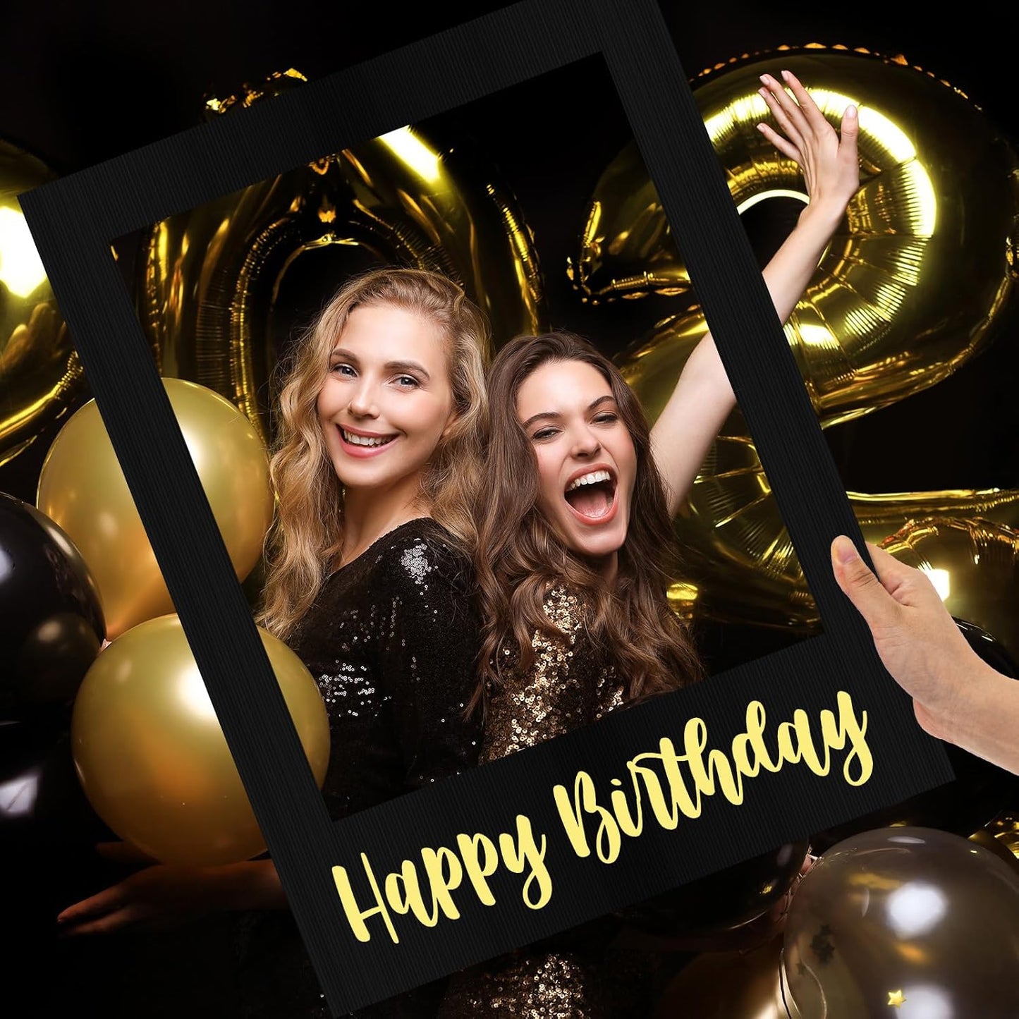 32 x 24 Inch Large Photo Booth Props Picture Frame Happy Birthday Party Frame DIY Cutouts Photo Booth Props Selfie for Party Supplies Favors(Black Gold,Happy Birthday)