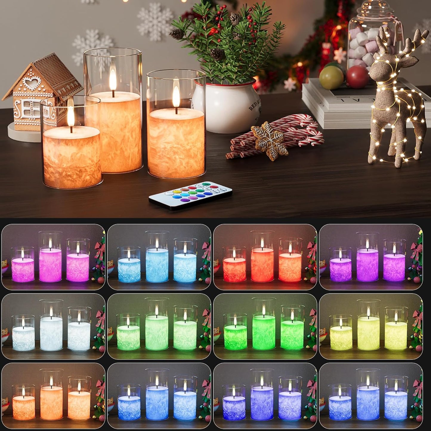 12Colors Ice Crystal Real Wax Glass Flameless Candles with Remote & Timer, Battery Operated Candles with Warm Flickering Flame, Realistic LED Candle for Wedding Home Decor [D3×H4/5"/6"] 3Pack