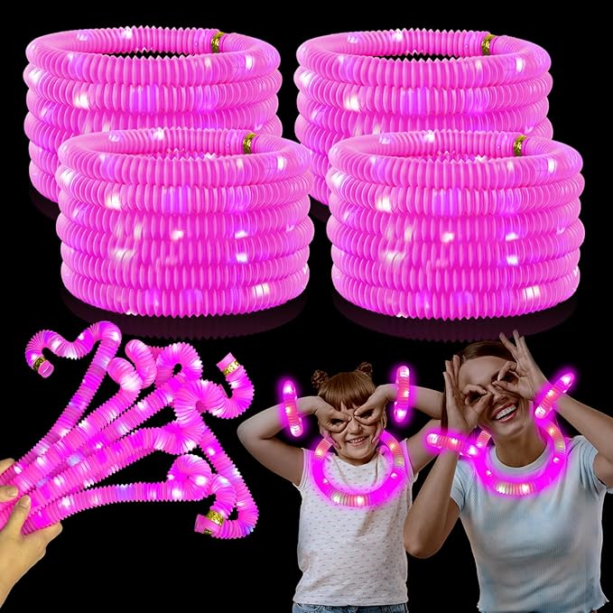 24 PCS Pink Glow Sticks Party Favors for Kids,LED Light up Pop Tubes for Toddlers, Neon Necklaces Bracelets Accessories,Glow Birthday Dance Wedding Valentines Day Mardi Gras Party Supplies Decorations
