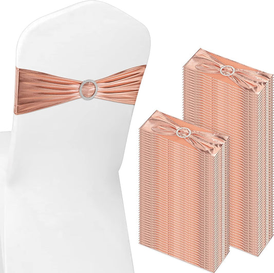 CHENGU 150 Pieces Spandex Stretch Chair Sashes Bows Elastic Chair Cover Bands Ties with Buckle Slider for Wedding Party Reception Events Universal Ceremony Banquet Decorations (Rose Gold)