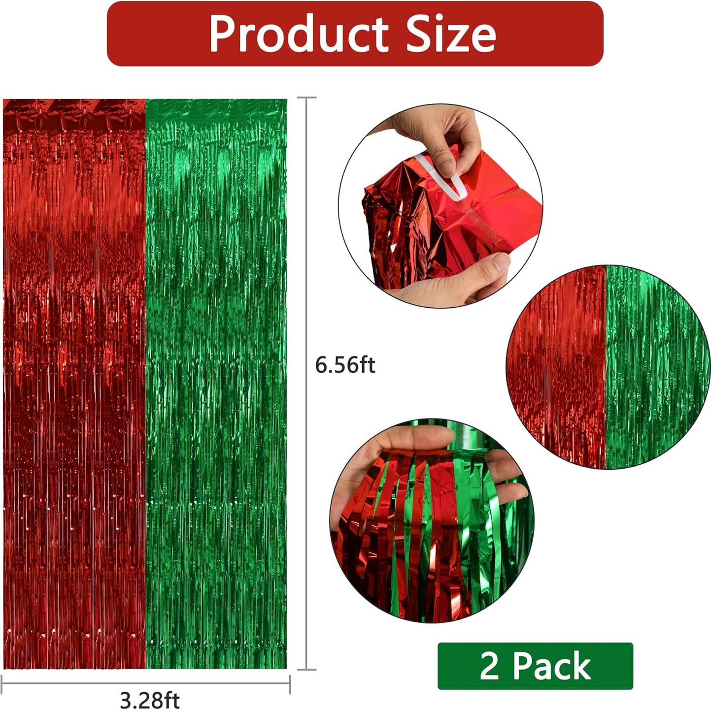 BEISHIDA 2Pcs Red Green Door Streamer Merry Christmas Backdrop Foil Fringe Tinsel Curtains Backdrop for Christmas Day Party Decoration (3.28 ft x 6.56 ft)