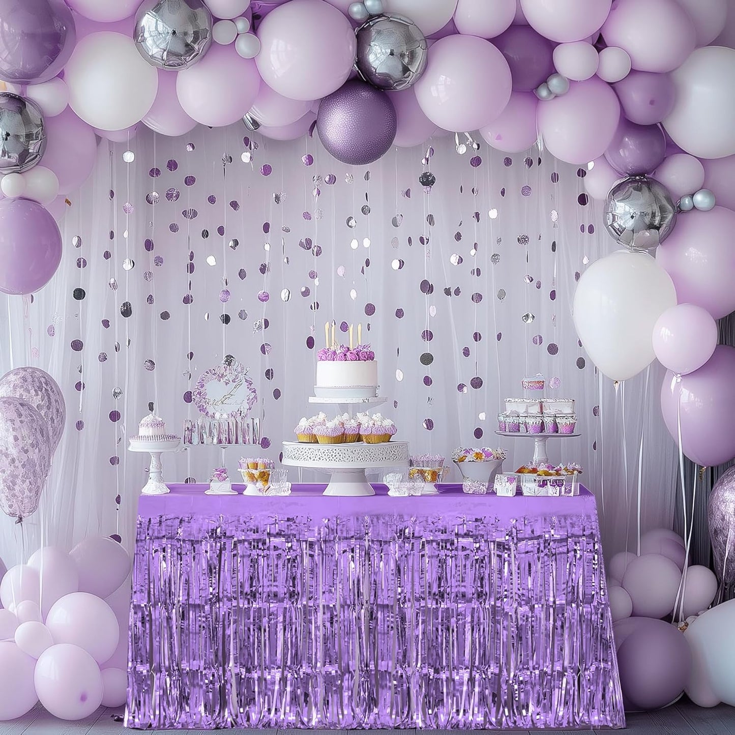 2 Pack Light Blue Light Purple Table Skirts, 29x108" Metallic Foil Tinsel Fringe Table Skirt for Rectangle Tables Streamer Curtains Backdrop, Party Decorations for Birthdays, Weddings, Holidays