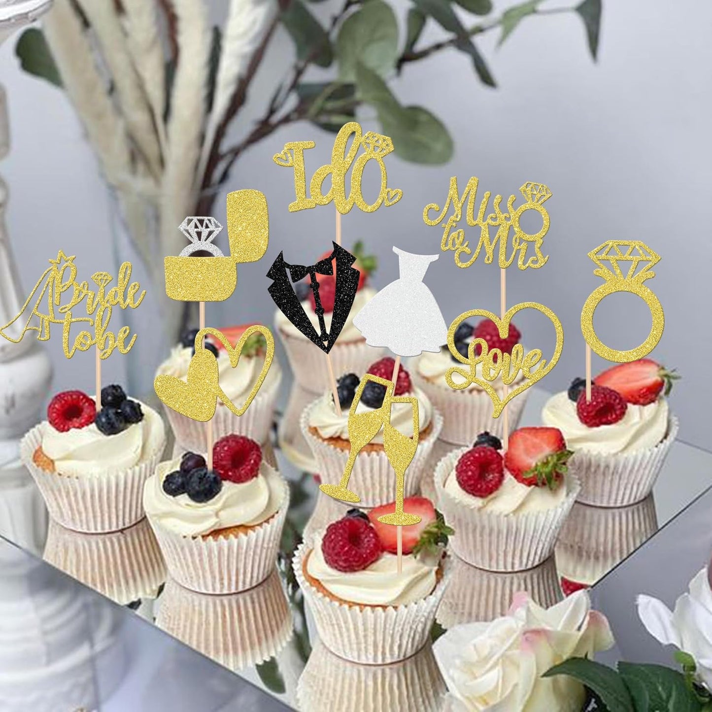 30 PCS Bride to Be Cupcake Toppers Glitter Wedding Cupcake Toppers I Do Love Heart Ring Miss to Mrs Cupcake Picks for Bridal Shower Wedding Engagement Party Cake Decorations Supplies Gold