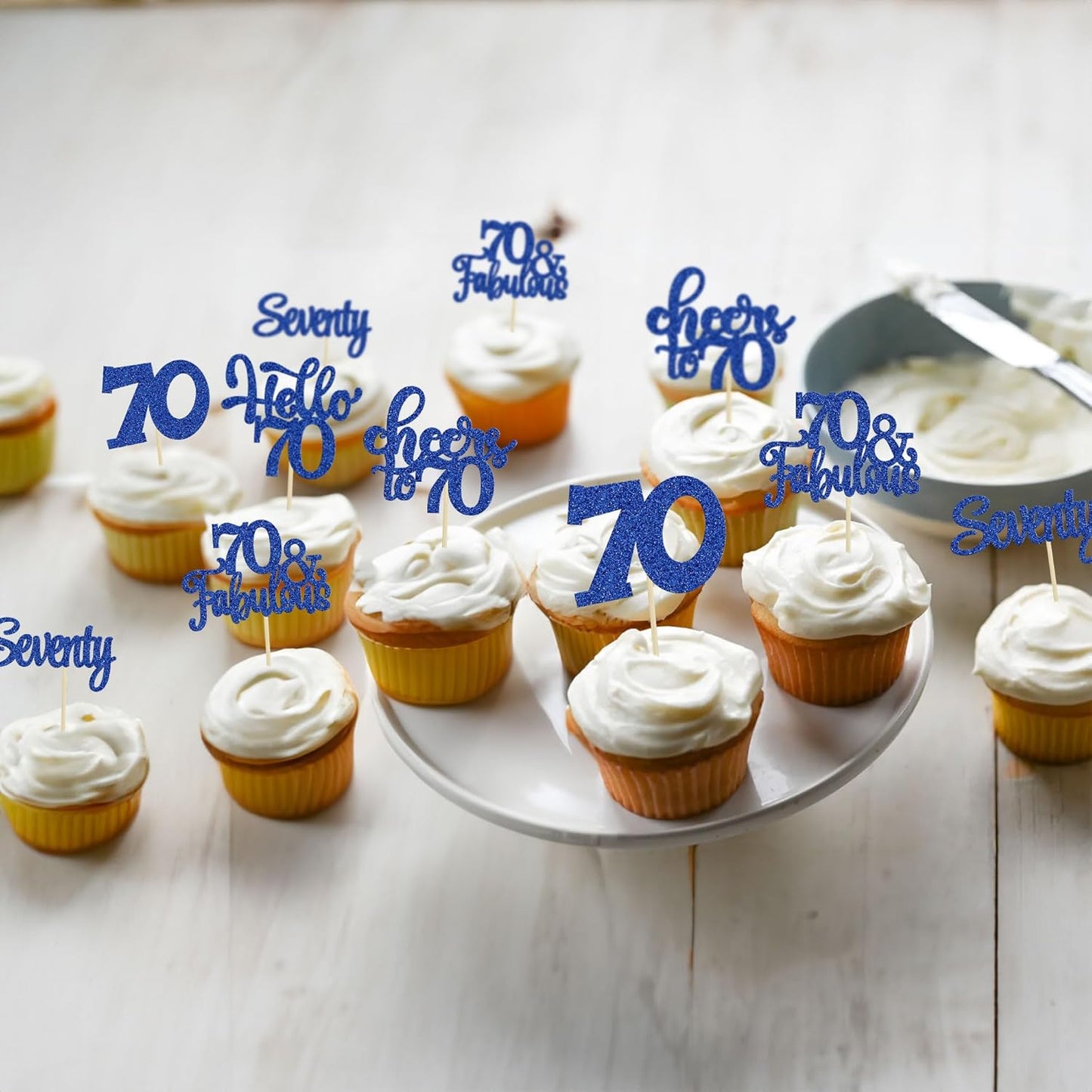 30Pcs Happy 70th Birthday Cupcake Toppers Seventy Cheers to 70 Years Old Birthday Cupcake Picks for 70th Birthday Anniversary Party Cake Decorations Supplies Deep Blue Glitter