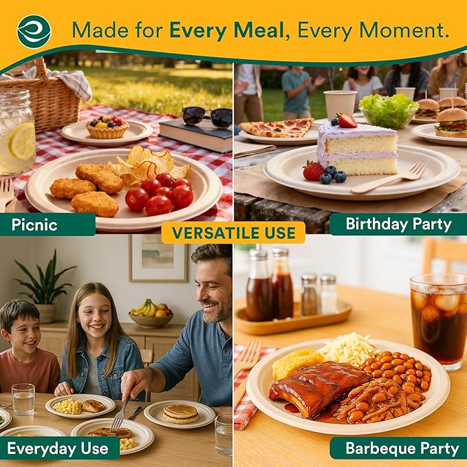 ECO SOUL Compostable 9 Inch(500-Pack) Biodegradable Heavy-Duty Disposable Eco-Friendly Paper Plates for Christmas Dinner & Parties, Wedding, Event