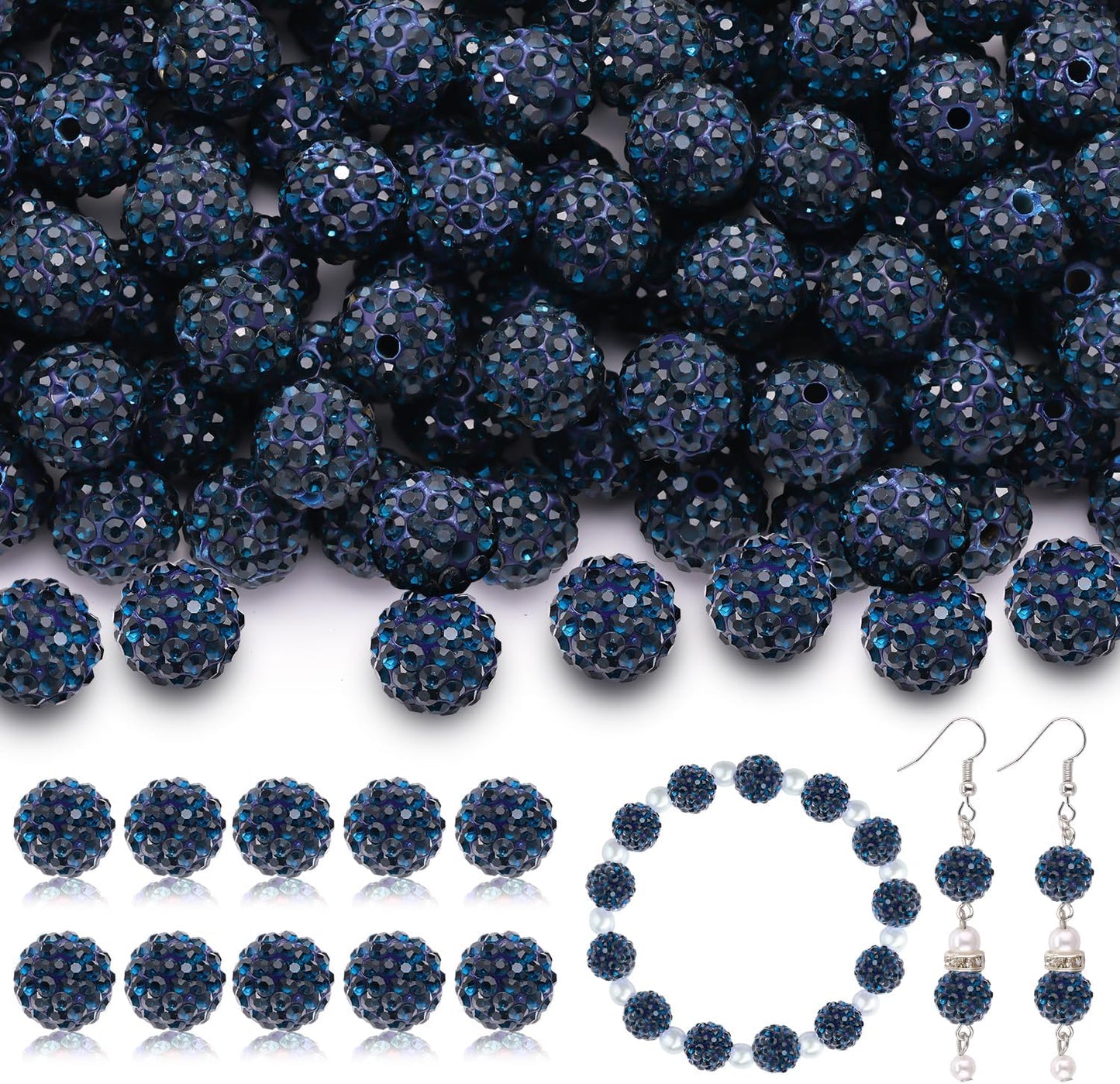 200pcs 10mm Rhinestone Beads for Jewelry Making, Blue Black Shiny Round Disco Ball Beads Bulk, Sparkle Crystal Clay Christmas for Bracelet Baseball Necklace Earring Crafting and DIY