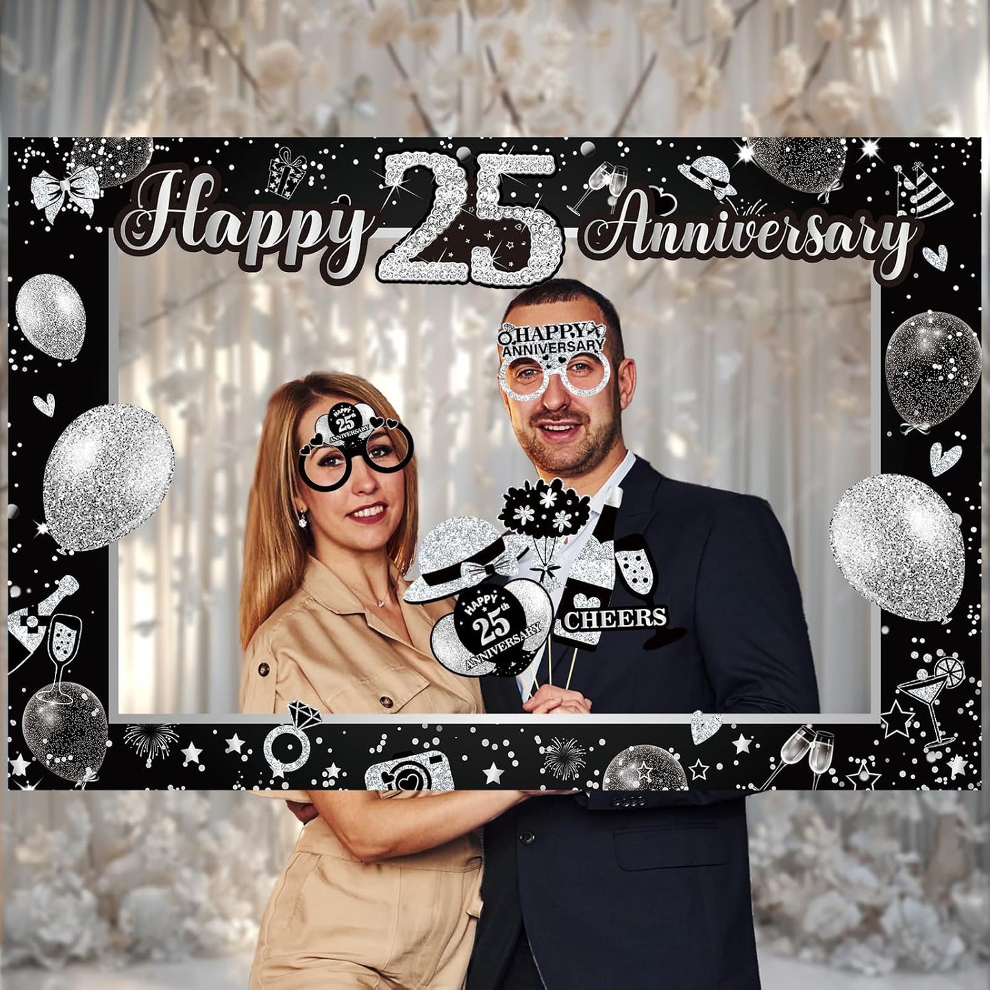 25th Wedding Anniversary Decorations Black Sliver 25th Wedding Anniversary Party Photo Booth Props and Selfie Frame Silver Happy 25 Years Anniversaries Party Supplies for Women Men Cheers to 25 Years