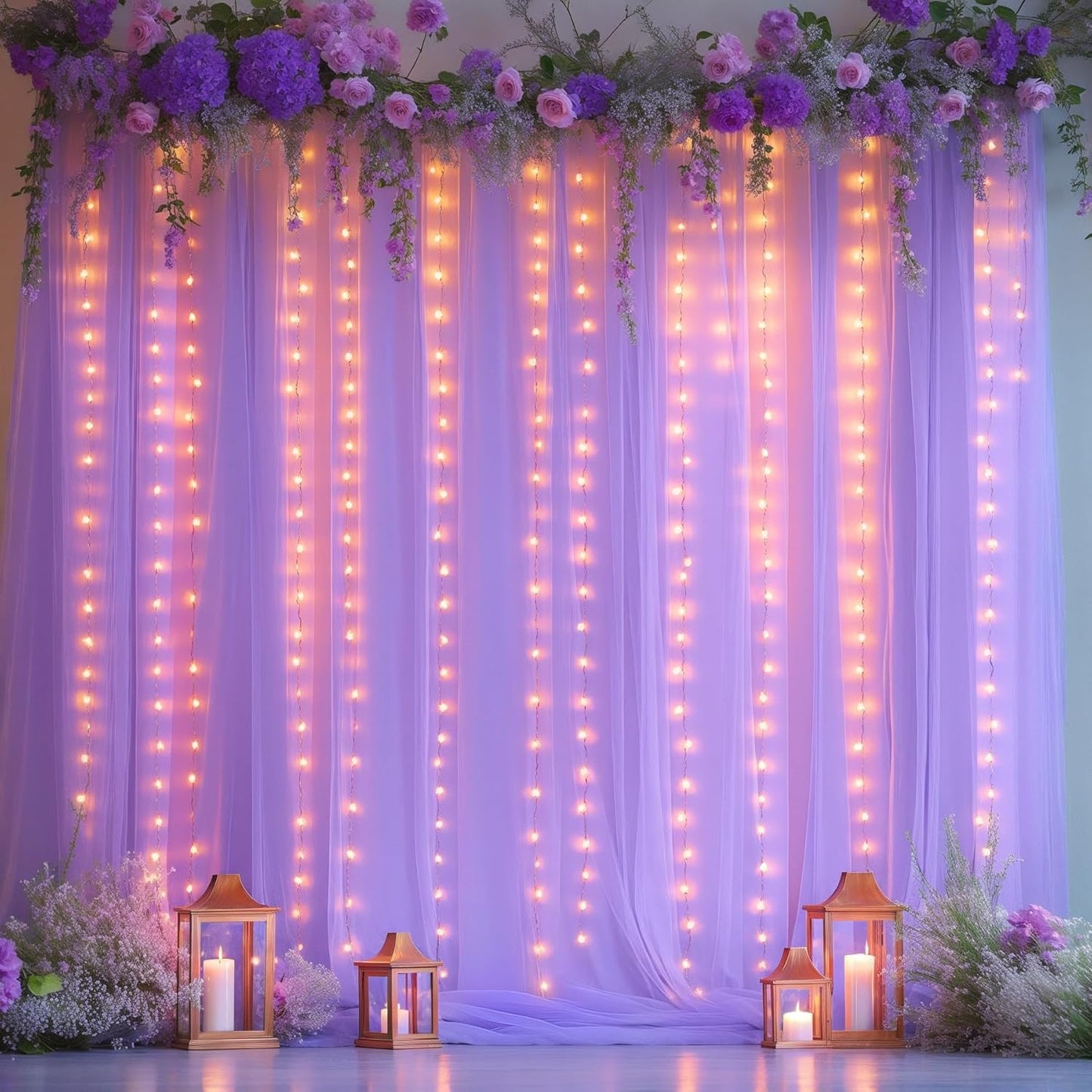 20x10ft Lavender Tulle Backdrop Curtains with Lights for Party Wedding Baby Shower, Sheer Wrinkle Free Backdrop Curtains for Birthday Party Photo Booth Background Decoration
