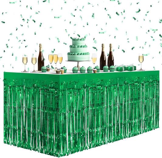 2 Pack Green Table Skirts, 29x108" Metallic Foil Tinsel Fringe Table Skirts for Rectangle Tables Streamer Curtains Backdrop, Party Decorations for Birthdays Weddings Holidays