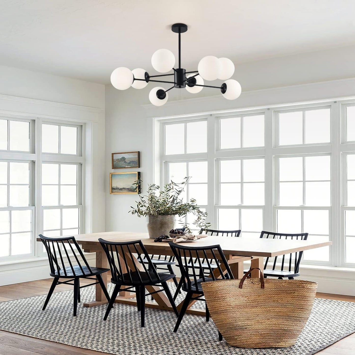 KCO Lighting Black Sputnik Chandelier Ceiling Mount 8-Light Glass Globe Sputnik Chandelier Mid Century Modern Chandelier Light Fixture Kitchen Island Sputnik (Black+White)