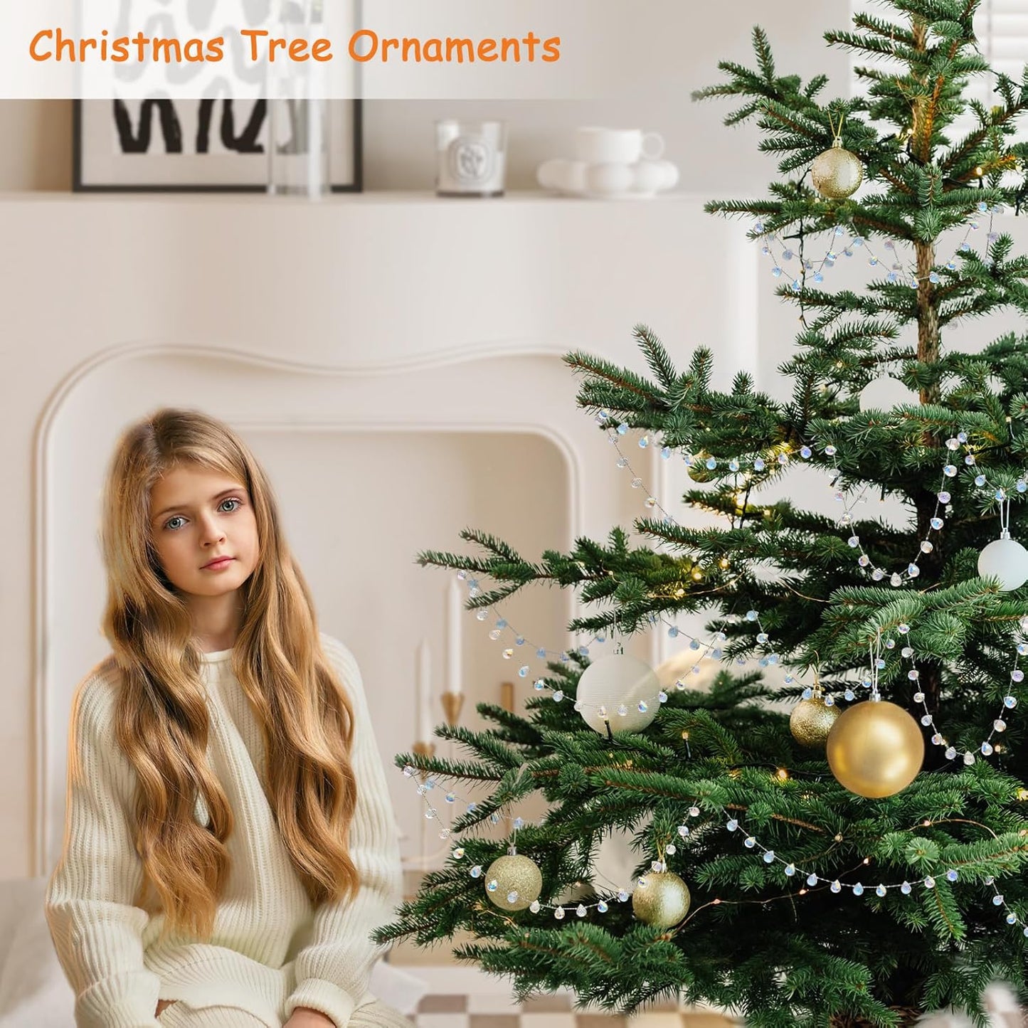 Christmas Garland, 9.8Ft Crystal Glass Beads Strands, 100pcs 10mm Faceted Waterdrop Glass Beads Hanging Ornament for Christmas Tree Centerpieces Wedding Party Decorations (Crystal AB)