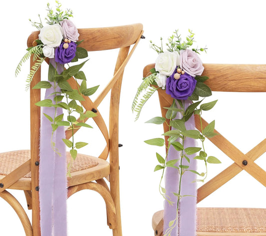 DORIS HOME Wedding Chair Decorations Purple Pew Flowers Set of 10 for Wedding Ceremony Party Aisle Decor with Artificial Flowers Eucalyptus and Ribbons