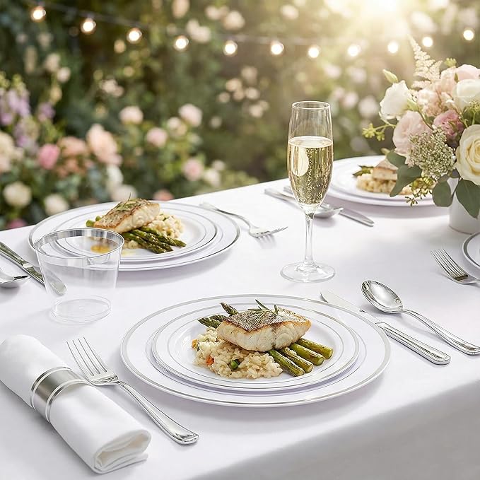 WELLIFE 350Pcs Silver Plastic Plates for 50 Guests - Disposable Dinnerware Set, Christmas Party Supplies Includes 100 Silver plates,150 Silverware,50 Napkins,50 Cups,Christmas Plates Disposable