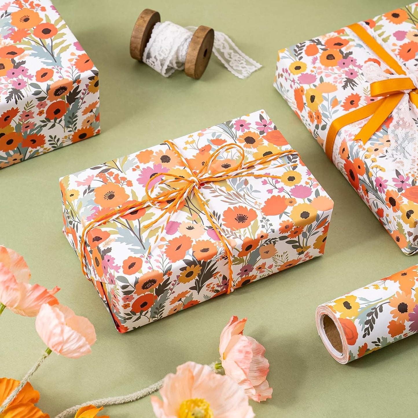 WRAPAHOLIC Kraft Floral Wrapping Paper Roll - Mini Roll - 17 Inch x 9.8 Feet - Bright Summer Flower Wrapping Paper, Perfect for Wedding, Birthday, Bridal Shower, Tea Party