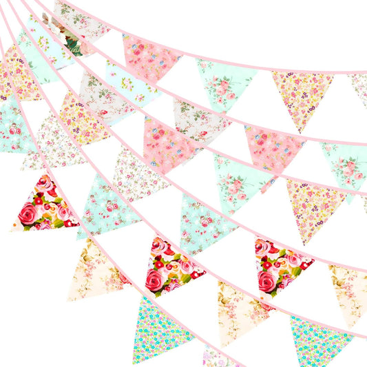 jijAcraft 39Ft Triangle Bunting Banner, 42Pcs Tea Floral Party Bunting Cotton Fabric Flags Pennant Garlands for Birthday Party, Wedding, Baby Shower, Outdoor and Home Decorations (Pink and Grenn)