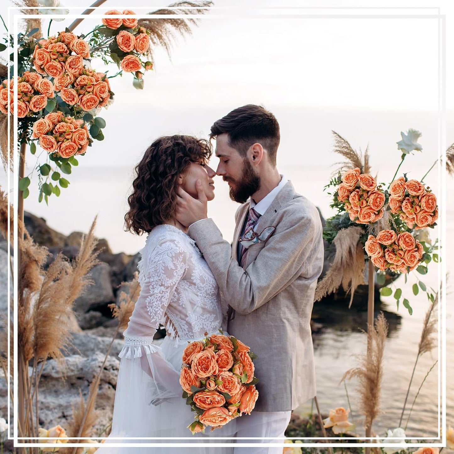 8 Bundles Artificial Peonies Flowers Boho Faux Flowers Arrangements Artificial Centerpiece Spring Bouquet Floral Wedding Decoration for Vase(Orange)