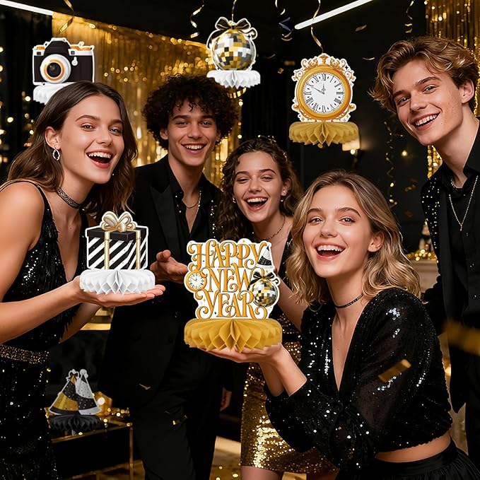 Happy New Year Party Decorations Bundle - Includes New Years Eve Honeycomb Centerpieces ，New Year Table Toppers, for Classroom Decor, New Year & Birthday Party Supplies