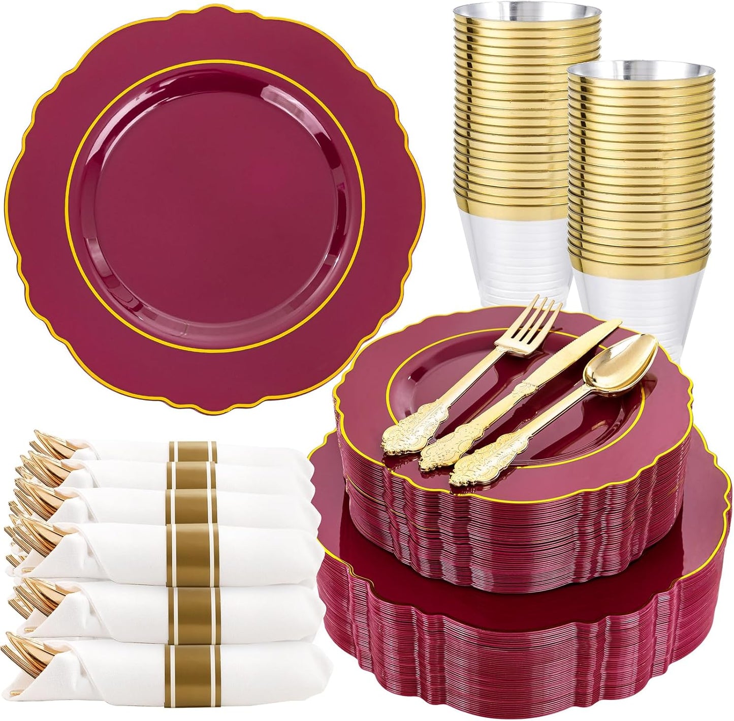 Liacere 350PCS Red Plastic Plates-Disposable Burgundy Red and Gold Plates 50guest Baroque Plastic Dinnerware include 100Plates, 50Pack Pre Rolled Napkins with Silverware 50Cups for Girlfriends' Day