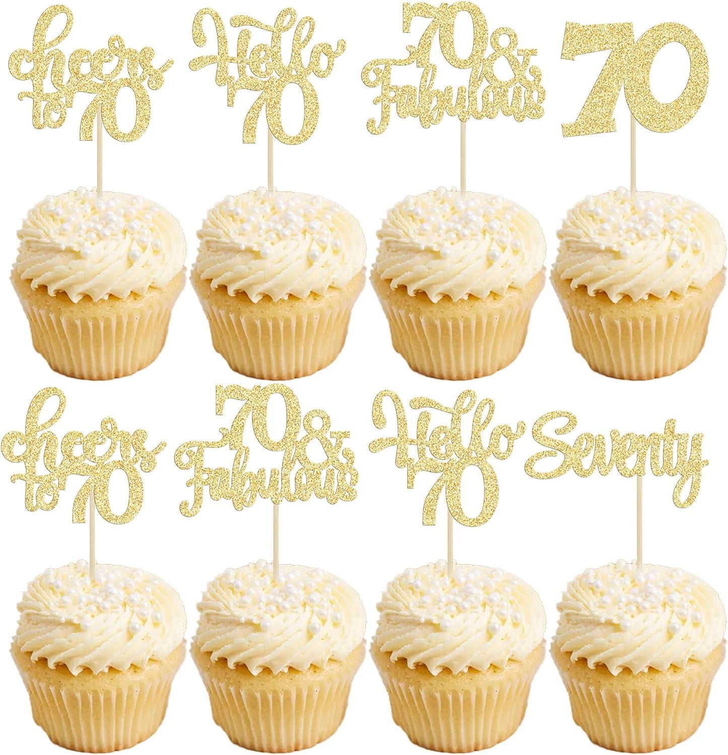 30Pcs Happy 70th Birthday Cupcake Toppers Seventy Cheers to 70 Years Old Birthday Cupcake Picks for 70th Birthday Anniversary Party Cake Decorations Supplies Gold Glitter