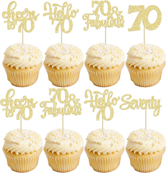 30Pcs Happy 70th Birthday Cupcake Toppers Seventy Cheers to 70 Years Old Birthday Cupcake Picks for 70th Birthday Anniversary Party Cake Decorations Supplies Gold Glitter