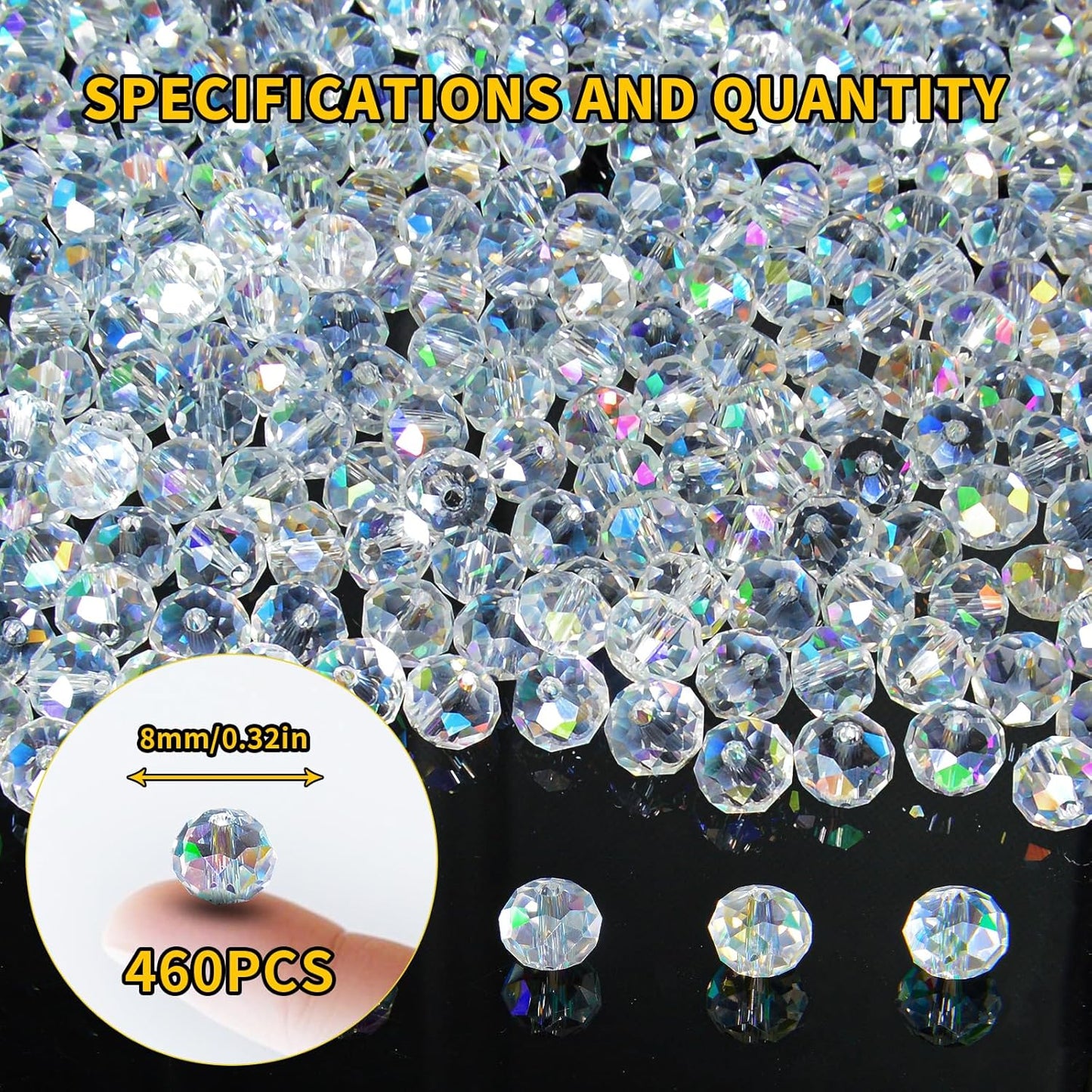 460Pcs 8mm Crystal Glass Beads for Jewelry Making Beads for Bracelets Necklace Pendants Making Supplies(White AB Color)