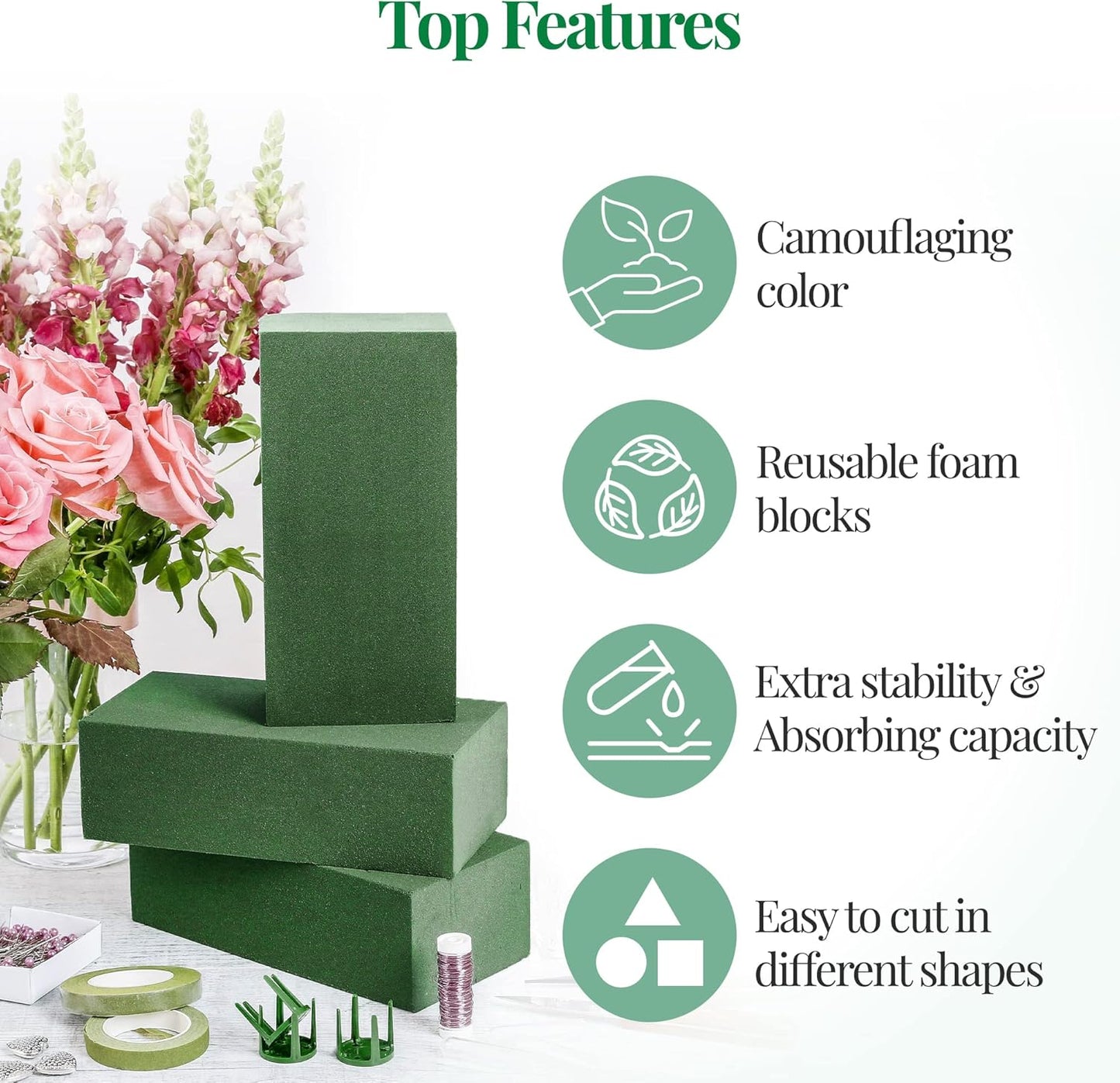 2 Pcs Floral Foam Blocks (Larger Size 9" X 4" X 3" Each) Florist Flower Foam Green Bricks Applied Dry or Wet Flower Foam Bricks Arrangement Supplies for Artificial or Fresh Flowers
