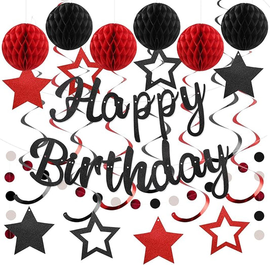 Birthday Decorations, NO DIY, Pre-Strung Happy Birthday Banner with Honeycomb Balls, Hanging Swirls, Circle Dots Garland, Happy Birthday Party Decorations for Women Men Boy Girl (Red&Black)
