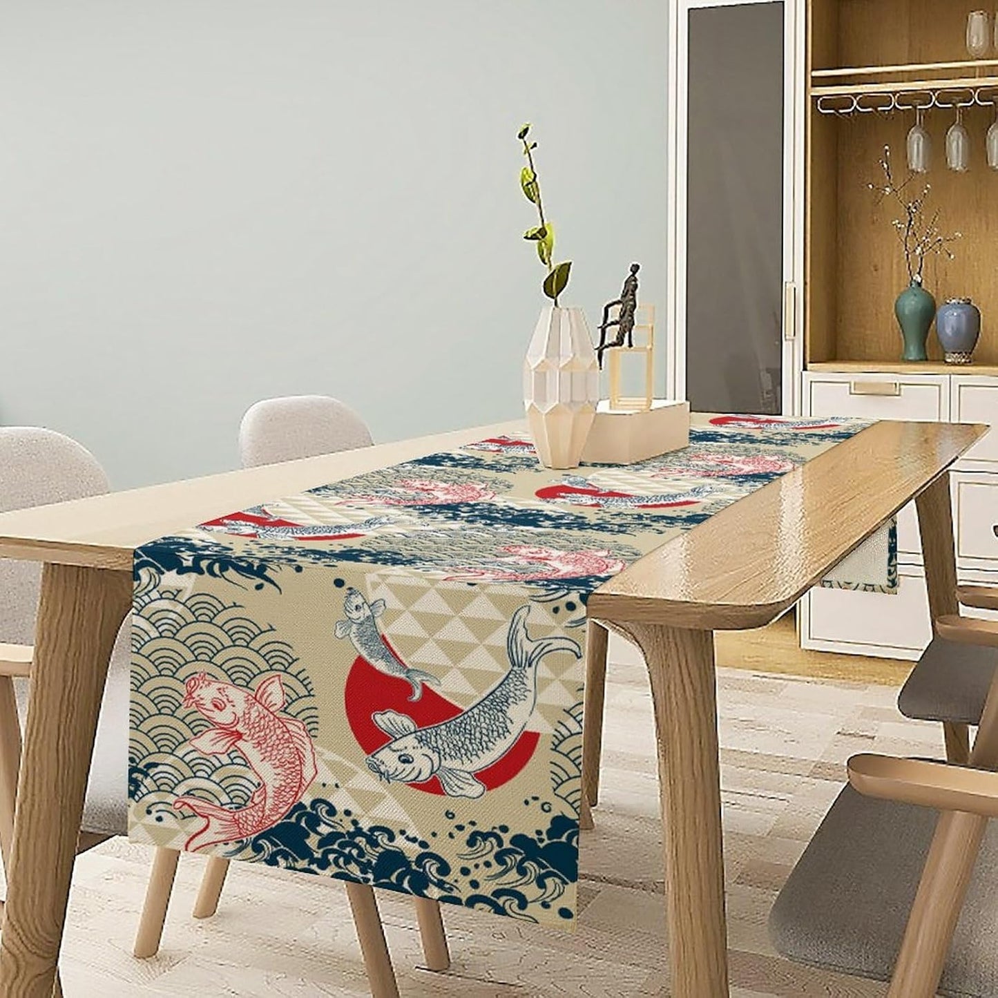 Japanese Table Runner Oriental Tradition Kio Fish Art Printed Burlap Runner Home Kitchen Dining Table Living Room Decor Fabric 1 Panel W13xL70in