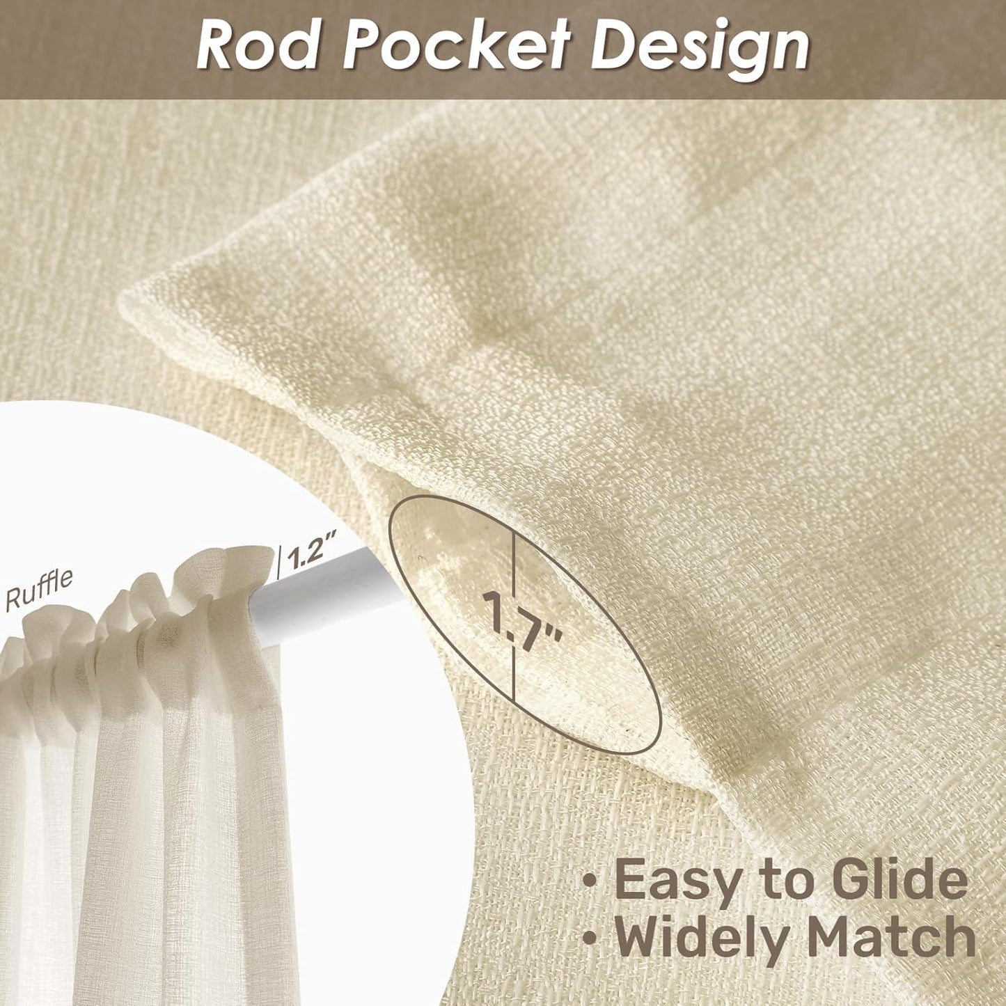 Melodieux Beige Semi Sheer Curtains 63 Inch Length for Bedroom Living Room, Farmhouse Linen Texture Light Filtering Home Office Shiny Sheer Drapes Rod Pocket, 52" W x 63" L, 2 Panels