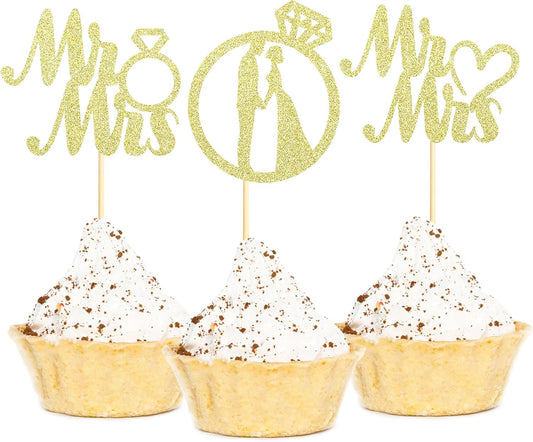 Sotpot 24PCS Miss to Mrs Cupcake Toppers with Ring Gold Glitter for Wedding Bridal Shower Wedding Engagement Party Cake Decorations