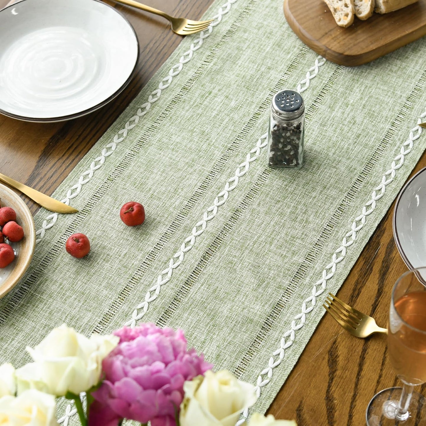 Artoid Mode Sage Green Rustic Cotton Linen Table Runner, Seasonal Embroidered Hollow Kitchen Dining Table Decoration for Home Party Decor 13x36 Inch