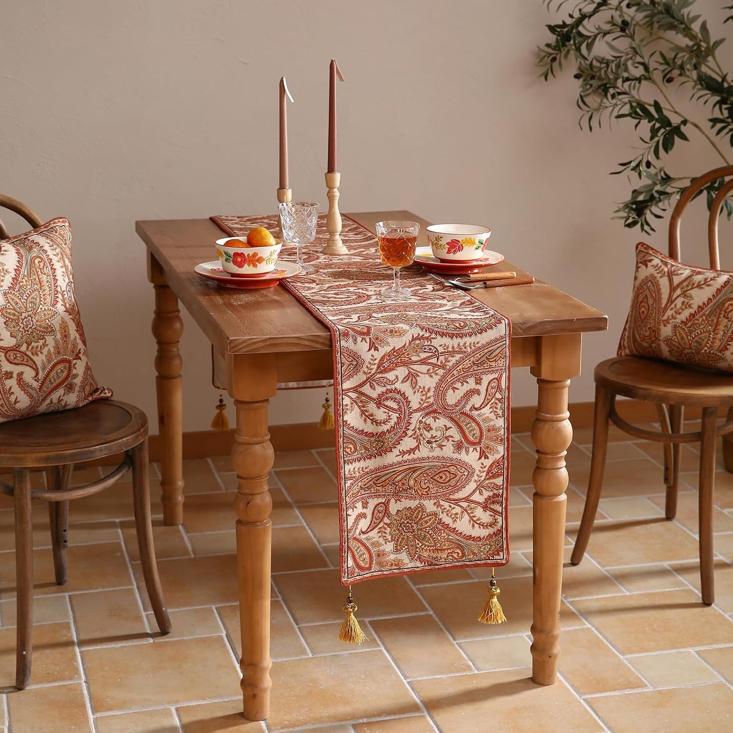 ISAENNE Designer Elegant Red Linen Table Runner 71 Inches Long,Vintage Paisley Pattern Durable Table Runners for Dining Tables,Thanksgiving,Kitchen Tables,Christmas,12"*71"-Chauffrey A