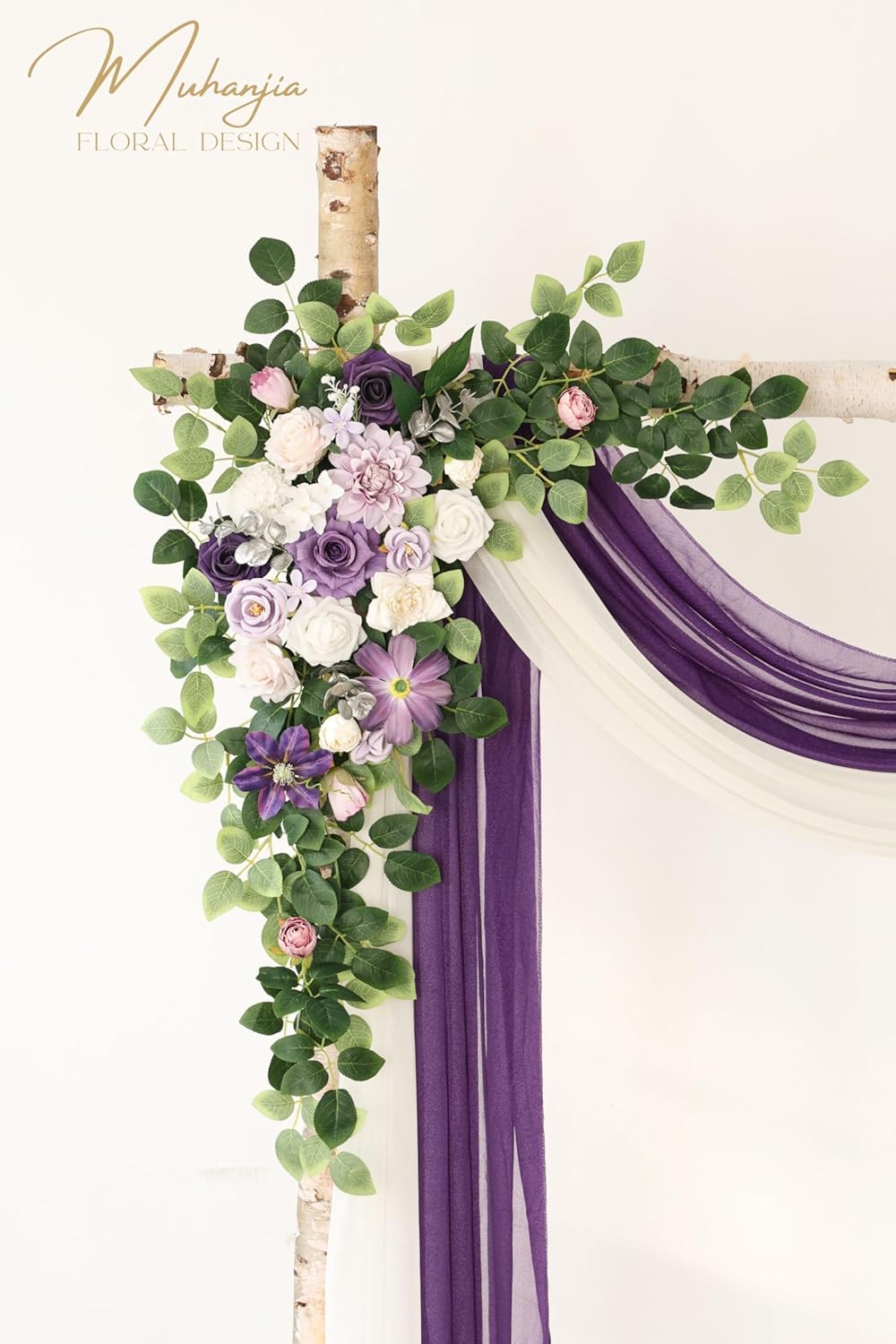 Artificial Wedding Arch Flowers Kit(Pack of 4),2Pcs Artificial Flower Arch Decor, 2Pcs Chiffon Fabric Drapes, Ceremony Decoration, Floral Outdoor Party Decor (Violet & Champagne)