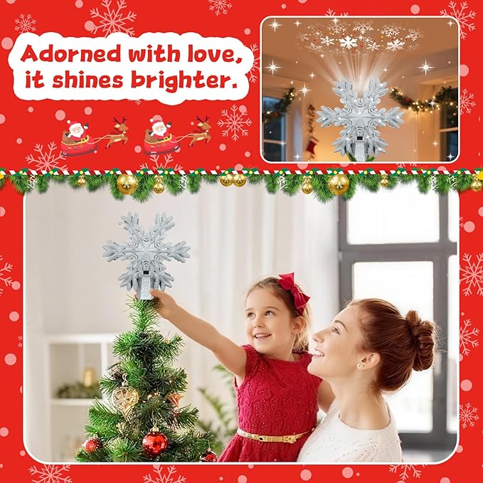 Christmas Tree Topper Lighted with Snowflake Projector, LED Rotating Snowflake, 3D Glitter Lighted Tree Topper for Christmas Tree, Hollow Design, Christmas Tree Decor for Home Office Indoor, Silver