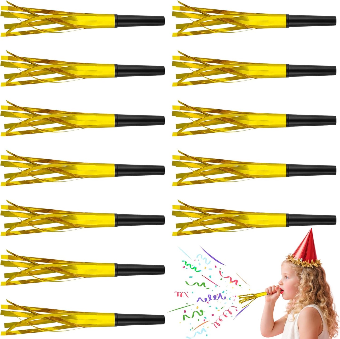 24 PC Gold Party Favors Party Blowers for Adults Party Horns Birthday Blowers Noisemakers Blowouts Whistles Metallic Fringed Party Blower for Birthday Sporting Events Graduation
