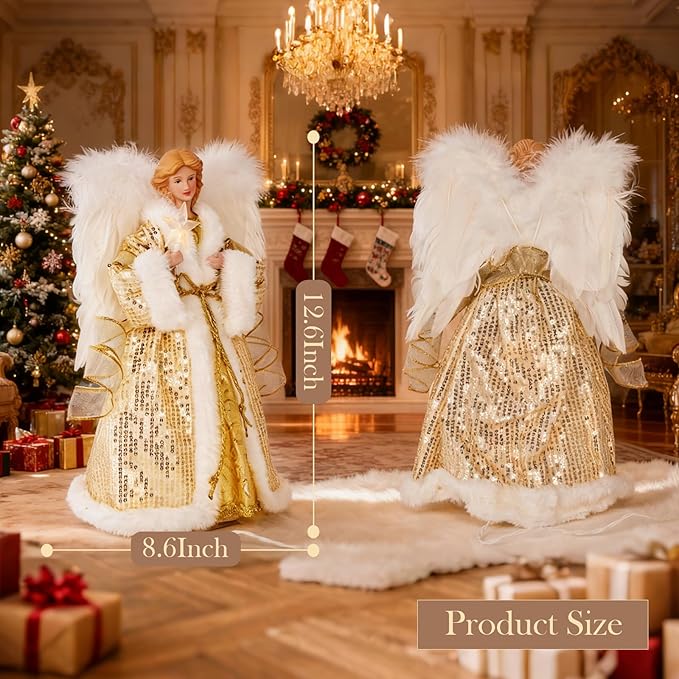 Angel Christmas Tree Topper, 12.5 Inch Angel Tree Topper with Lights, Christmas Tree Topper with White Feather Wings, Xmas Tree Topper for Christmas Decor Home Holiday Party,Gold